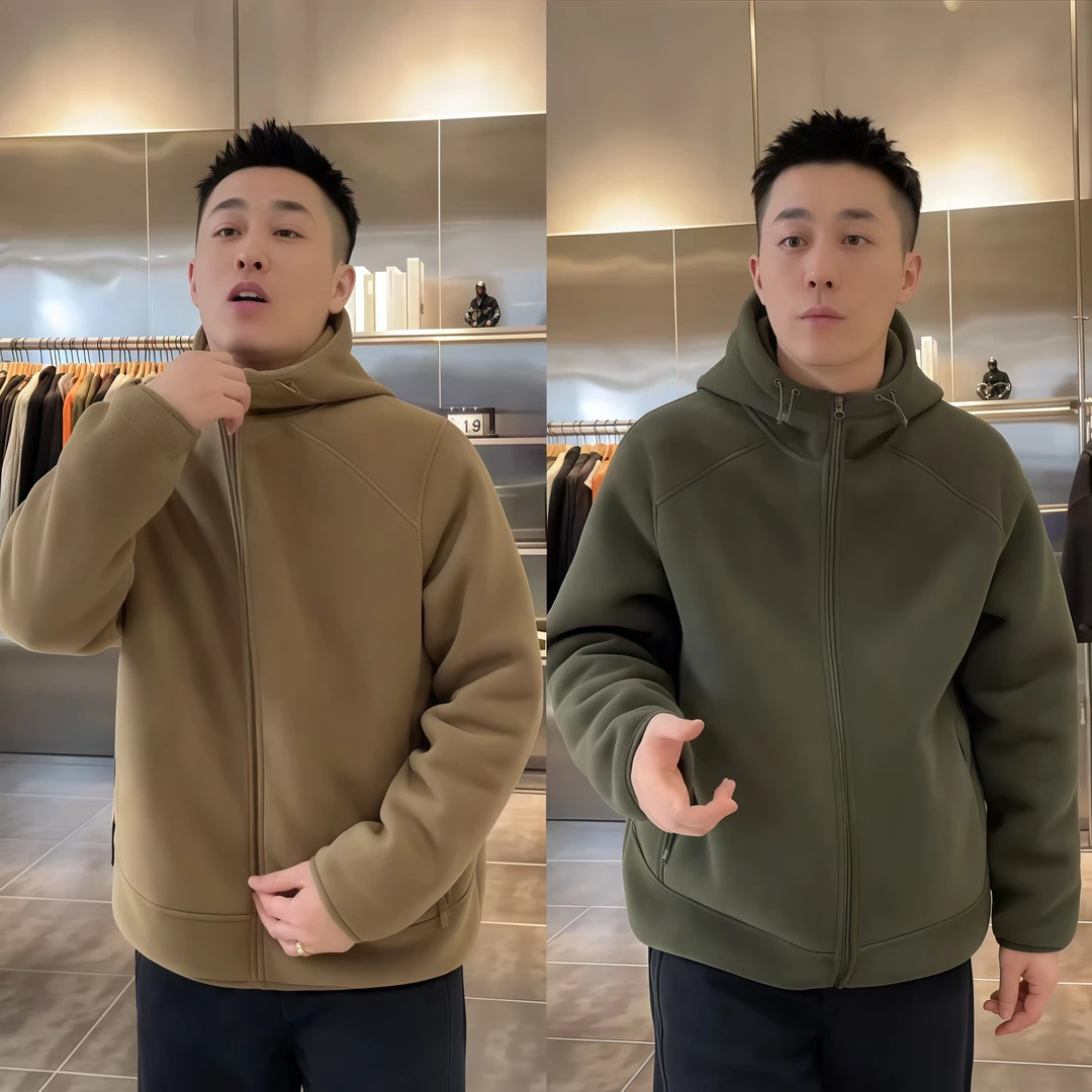秋冬新款双面摇粒绒连帽拉链卫衣男女同款纯色加厚保暖夹克外套