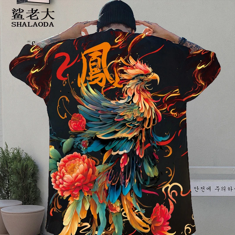 凤凰印花短袖T恤男中国风夏季薄款落肩半袖大码加肥ins国潮体恤衫
