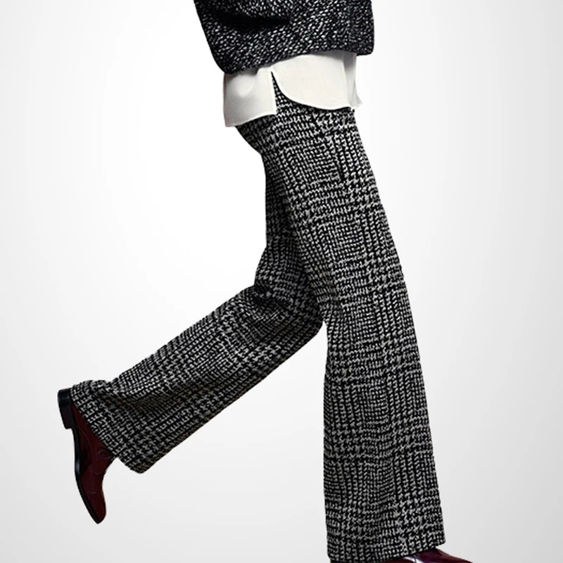 QOOEL2025秋冬新款毛呢阔腿裤格子高腰加厚时尚气质呢子直筒长裤