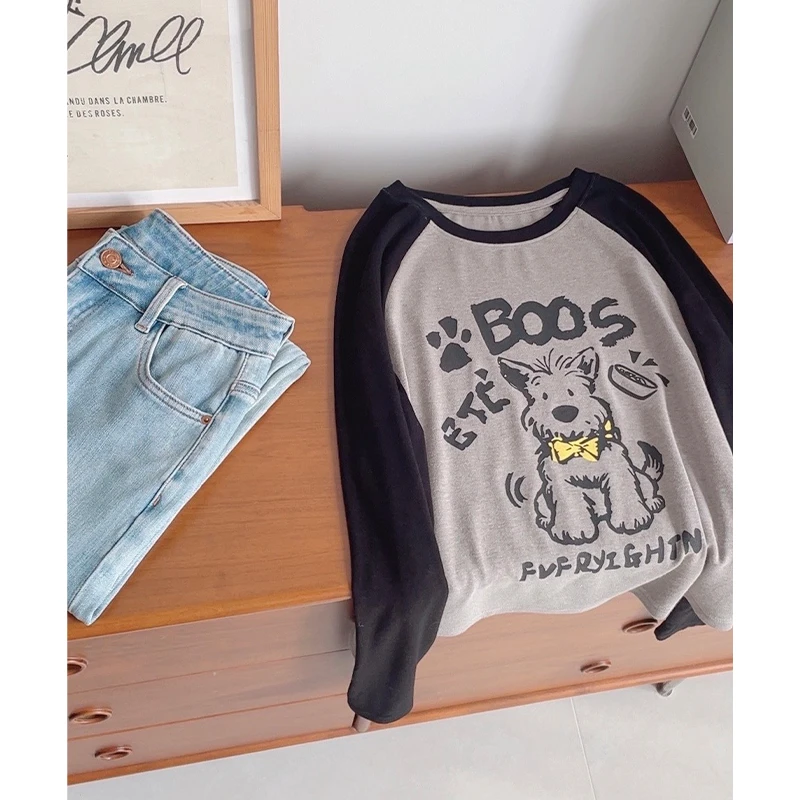 【丹姐家~小狗插肩T~】撞色拼接长袖T恤女