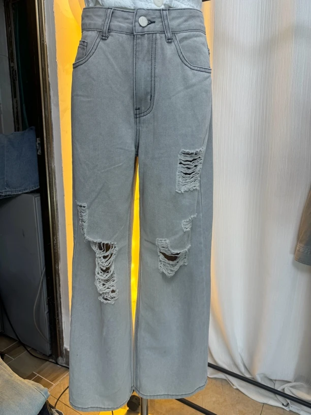 灰色无弹破洞阔腿裤高腰百搭牛仔裤