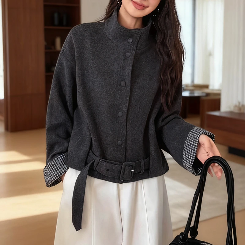 立领短款休闲毛呢外套女2025秋季新款高级感时尚百搭慵懒宽松上衣