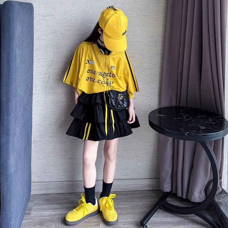 女童套装2025新款儿童洋气时髦夏季短袖T恤蛋糕裙两件套中大童装