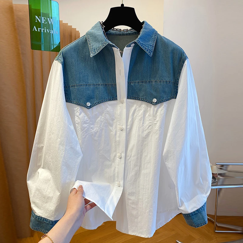 高级设计感牛仔拼接白色衬衫女2025新款宽松百搭叠穿内搭漂亮上衣