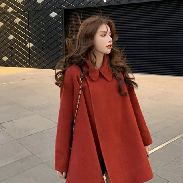 复古红色斗篷双面羊绒大衣女短款小个子a字秋冬羊毛呢子西装外套