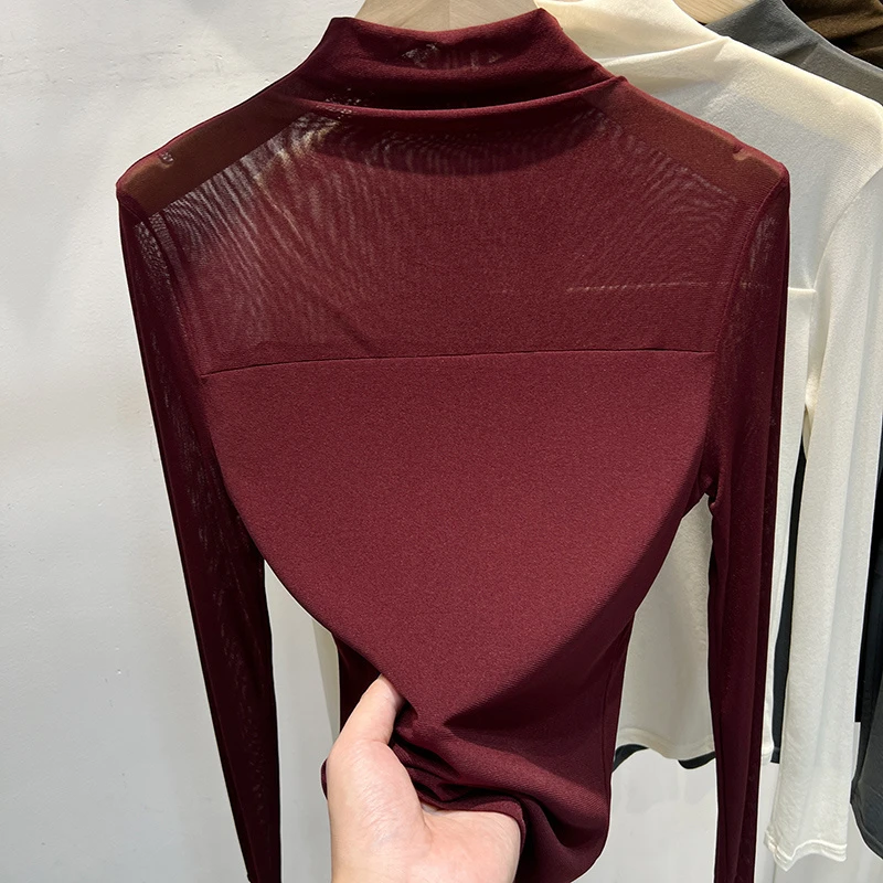 纯色半高领网纱长袖T恤女2025早秋季新款洋气内搭蕾丝打底衫上衣