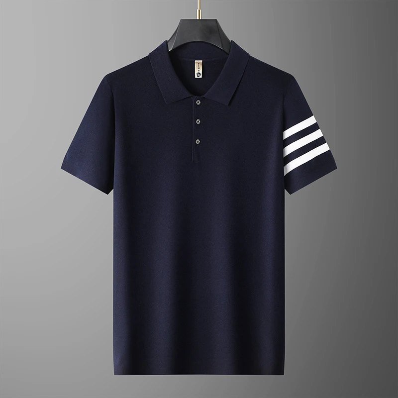 2025年春秋新款男士加肥加大码翻领条纹短袖针织衫男胖子短袖毛衣