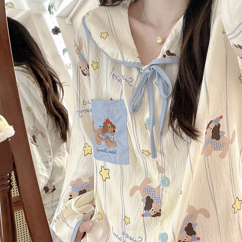 日系星星腊肠狗睡衣女春秋款长袖2025年新款秋季娃娃领家居服套装