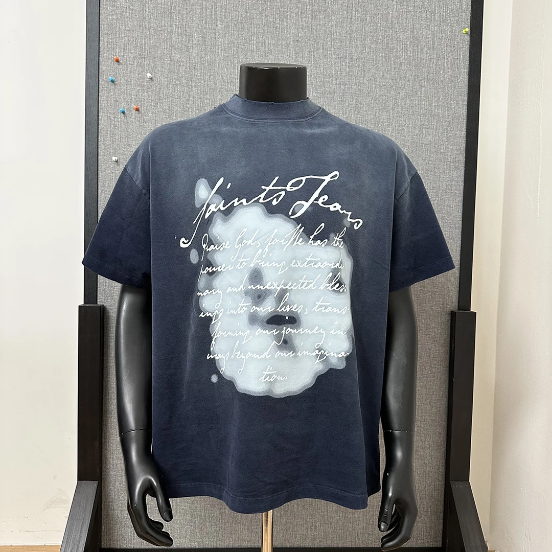 Basic annals 夏季设计感渐变印花字母短袖T恤男士做旧圆领破洞