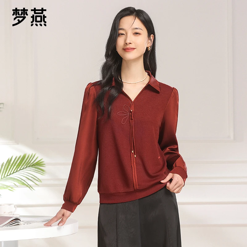 梦燕春秋季女百搭新中式气质显瘦女士翻领长袖宽松上衣AA03B5005