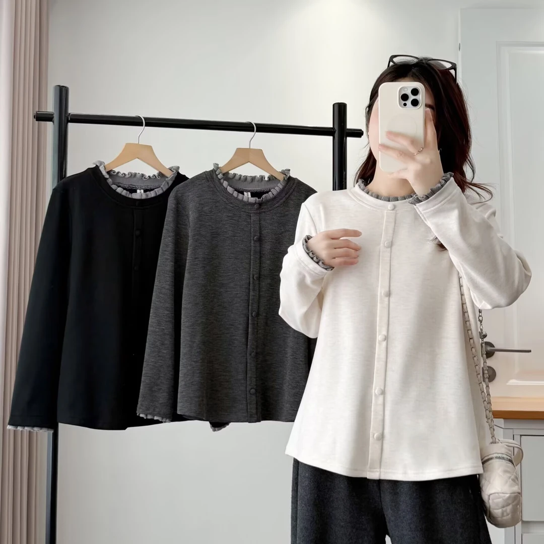 大码秋冬常规常规款宽松型通勤风女荷叶领长袖2550