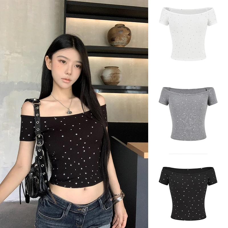 Moses Queen/魔西女王美式短款一字肩短袖t恤女修身显瘦黑色上衣