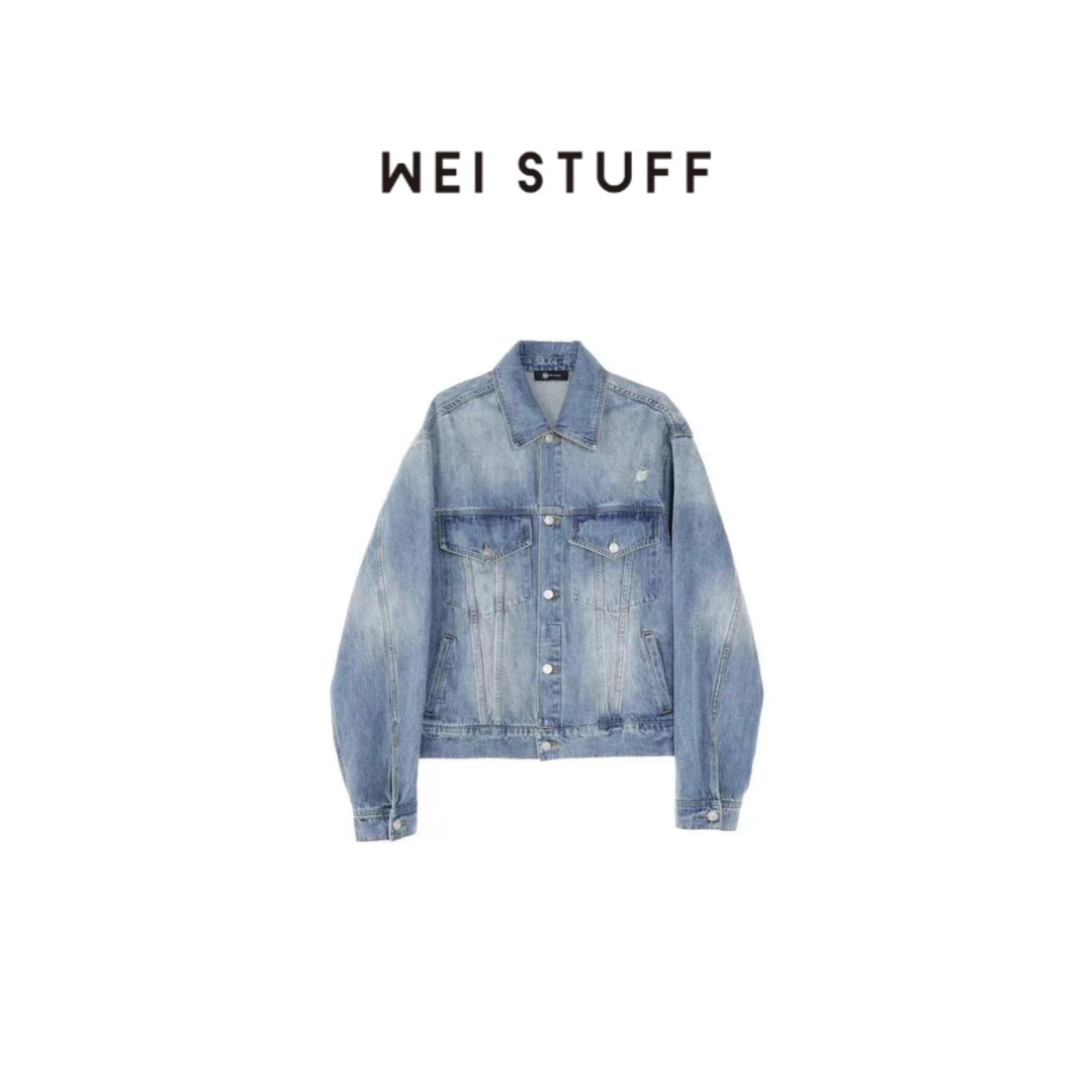 WEI STUFF 春季极简美式美式复古时尚宽松休闲破洞牛仔外套 4855