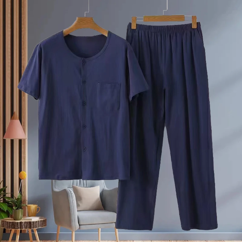 男士短袖睡衣长裤夏季空调裤老年人纯棉汗布薄款家居服大码加肥