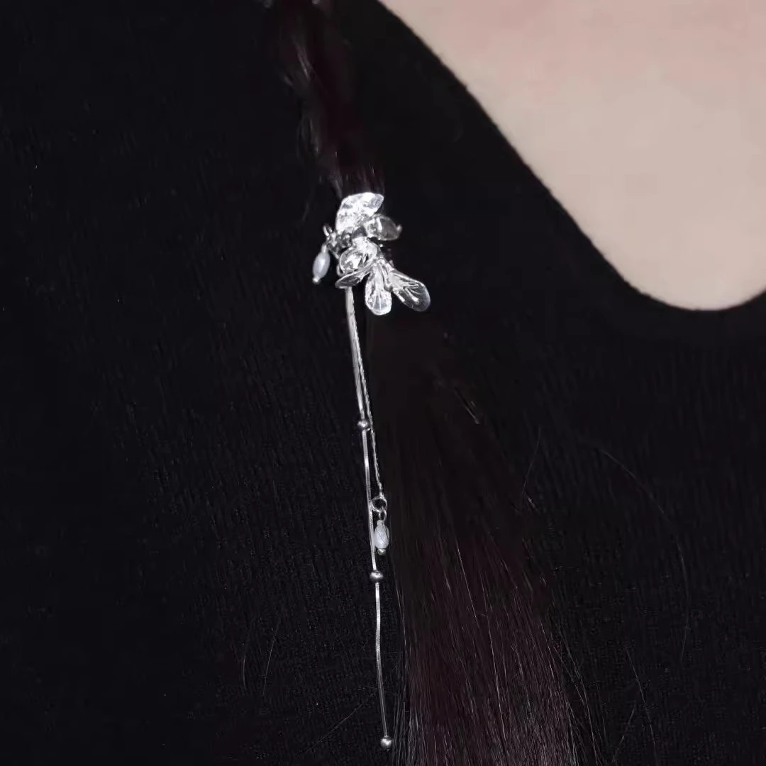 复古古风发饰边夹银色海棠花气质女款长款手工精致头饰小众首饰