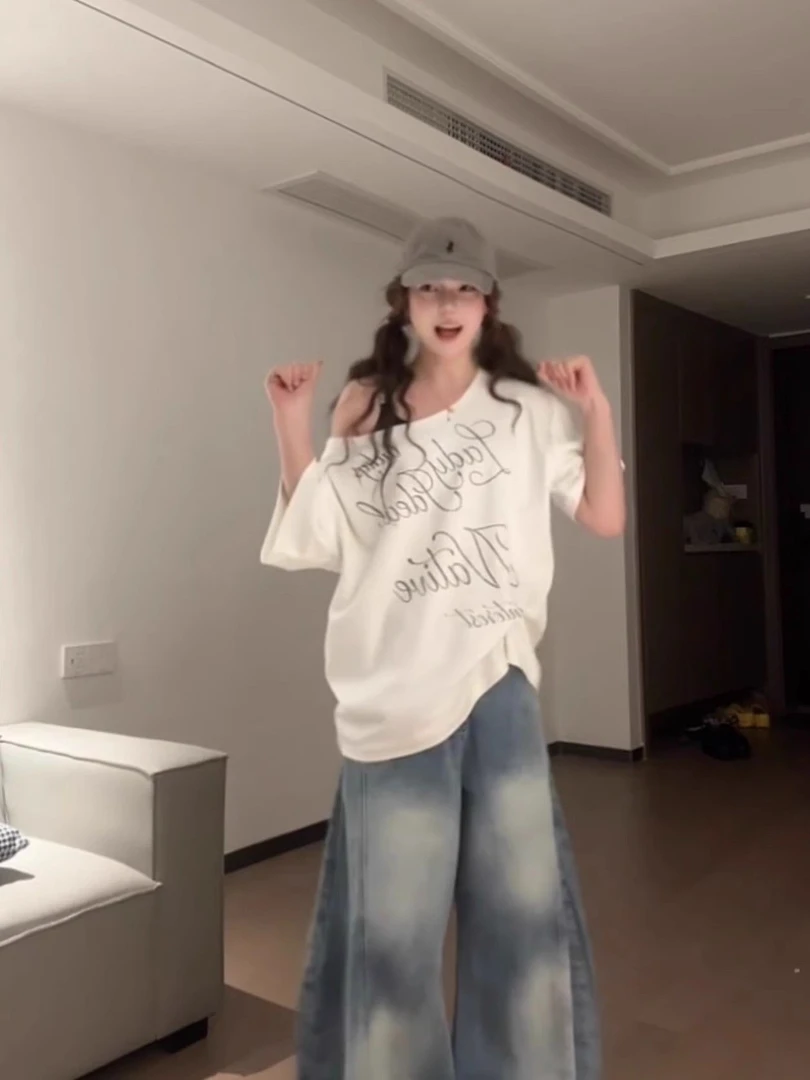 美式白色斜肩露肩短袖t恤女夏季高级感宽松显瘦休闲一字肩上衣女