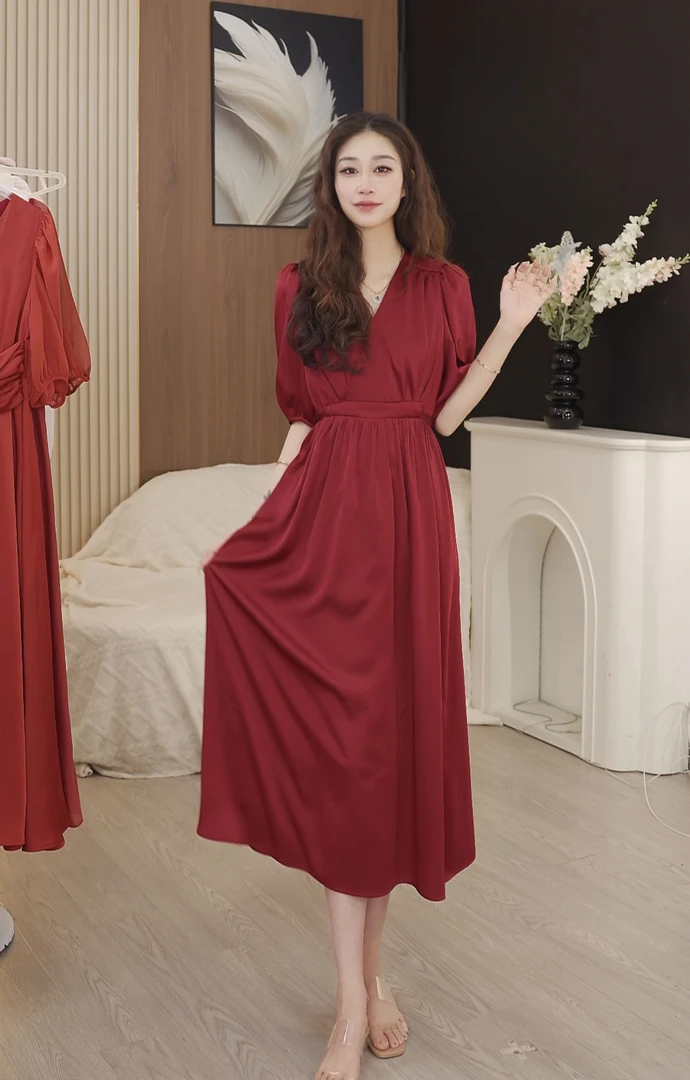新款高级感法式气质收腰显瘦红色轻熟风
