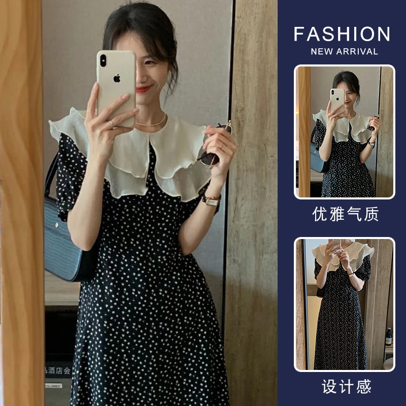 裙子挂脖式甜美女装娃娃领设计感波点长裙连衣裙碎花吸汗夏季