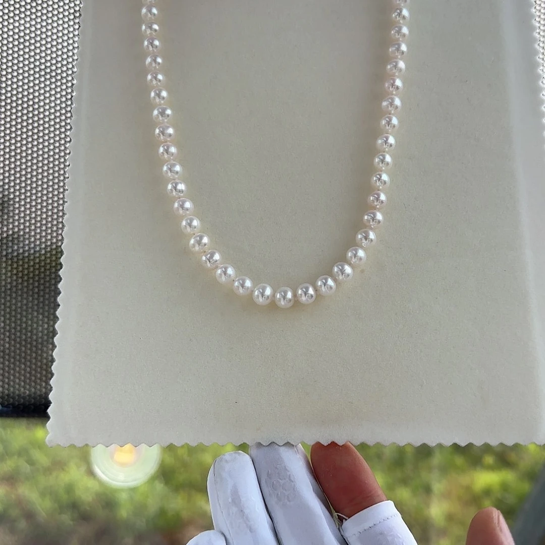 淡水珍珠银S925镶嵌颈饰7-8无核极光镜面正圆炫彩白亮