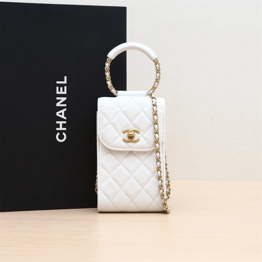 95新 Chanel/香奈儿 小花双双 圆环 手环 手机包 荔枝皮革C 29开