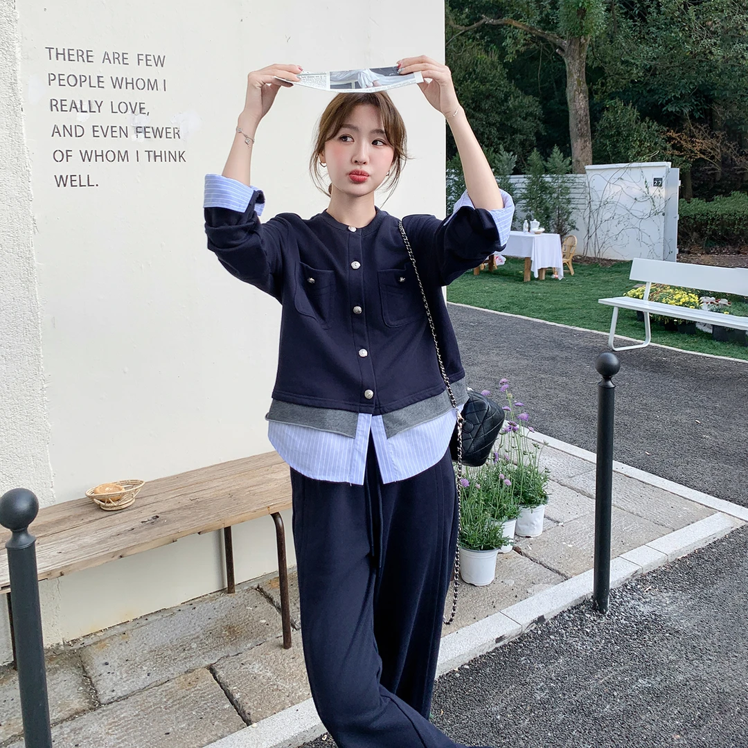 盐系休闲设计感早秋穿搭女2025新款条纹拼接上衣宽松阔腿裤两件套