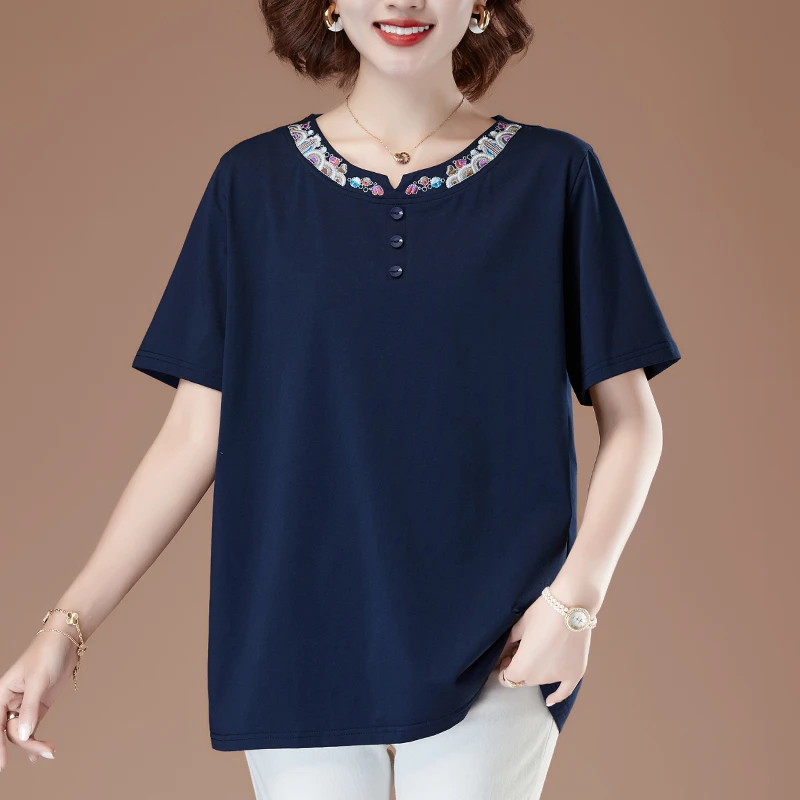 妈妈上衣洋气短袖中长款宽松显瘦遮肚加肥加大码女装夏装纯棉t恤