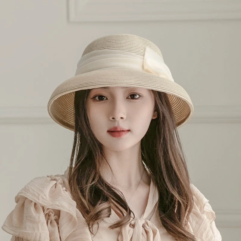 春夏赫本欧根纱蝴蝶结草帽沙滩帽法式复古大檐渔夫帽可折叠盆帽