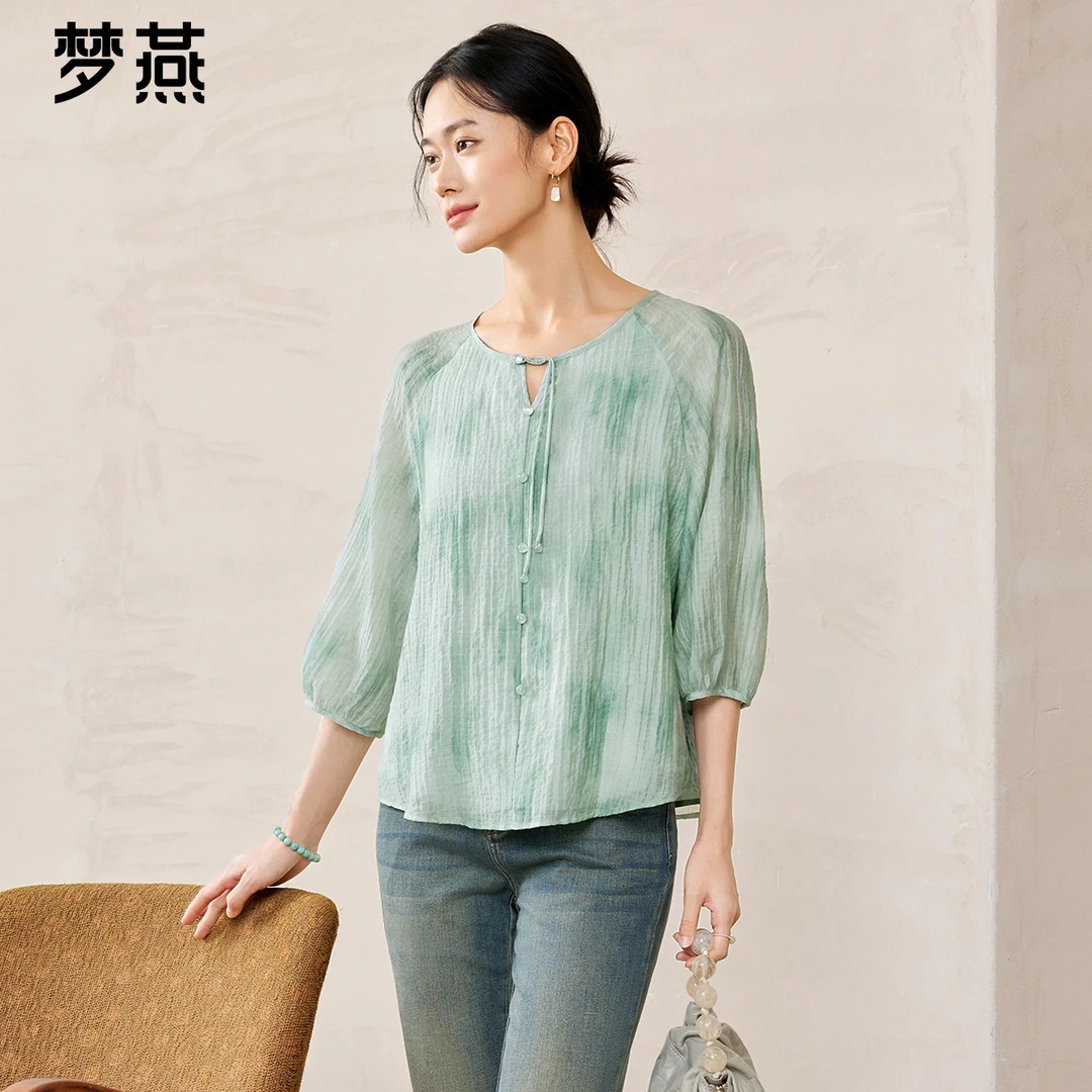 梦燕春夏女时尚百搭薄款上衣常规休闲宽松国风印花衬衫AA03B4036