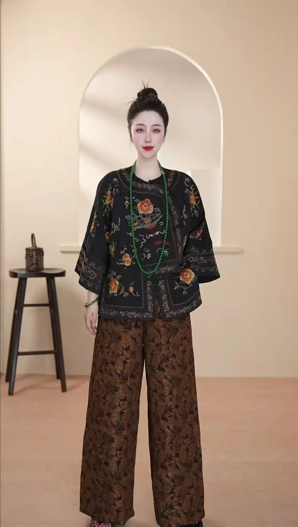 正版国风提花休闲裤宽松裤女显瘦松紧高腰直筒中式大码百搭阔腿裤