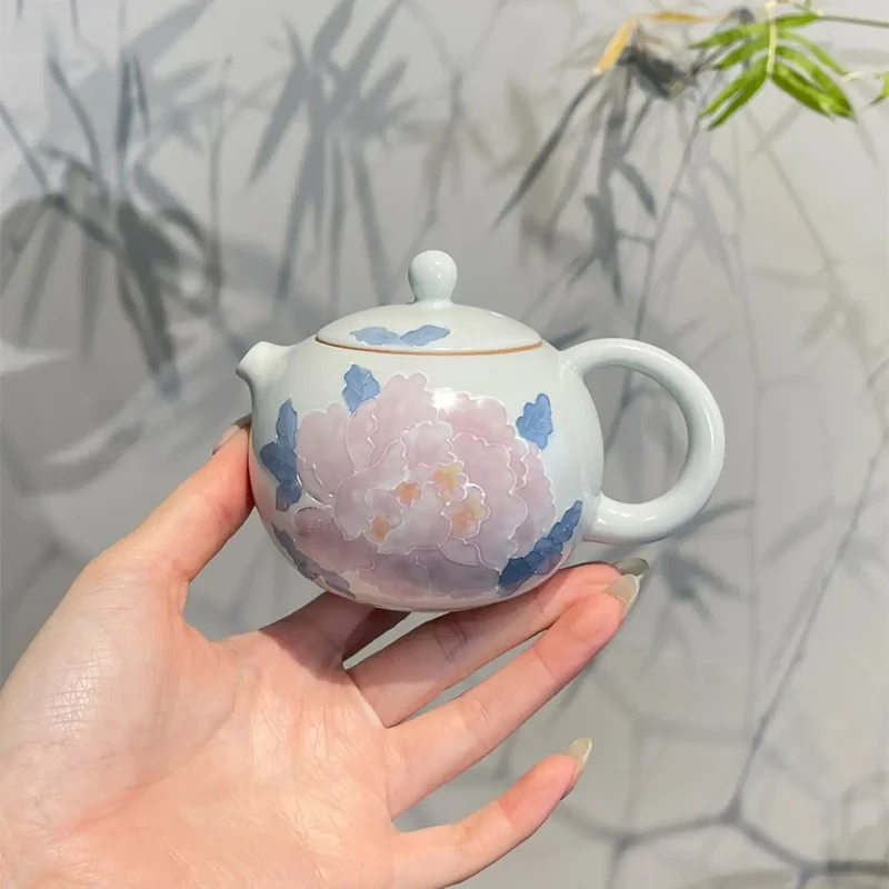 惊蛰 清冷灰釉下彩手绘牡丹西施壶陶瓷茶壶带过滤泡茶壶功夫茶具