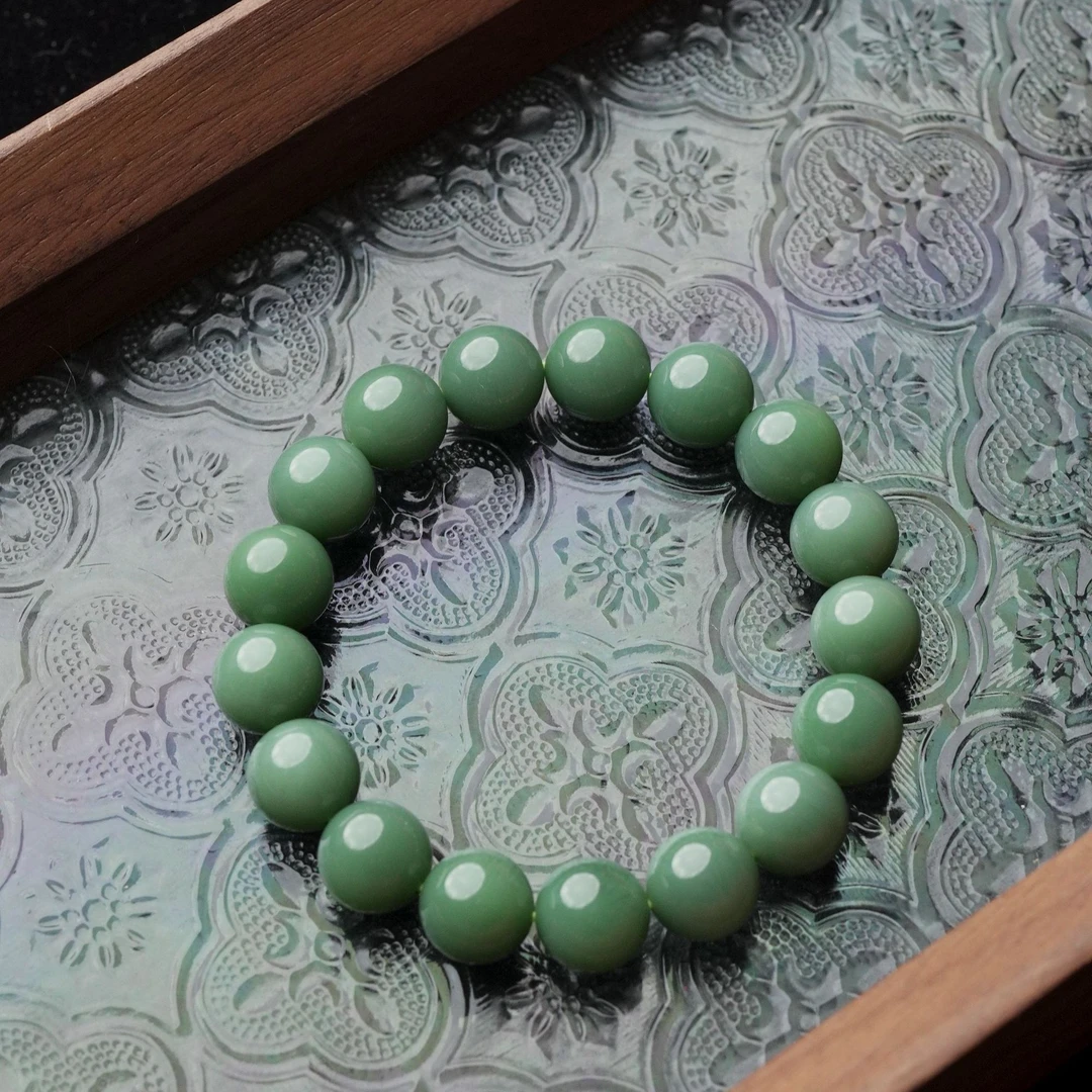 过天青 天然和田玉粉青12mm圆珠单圈手串