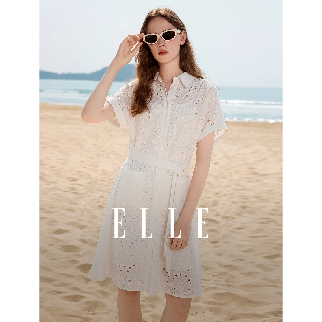 ELLE法式时尚收腰白色连衣裙2025夏新款小众千金气质裙子EL51402