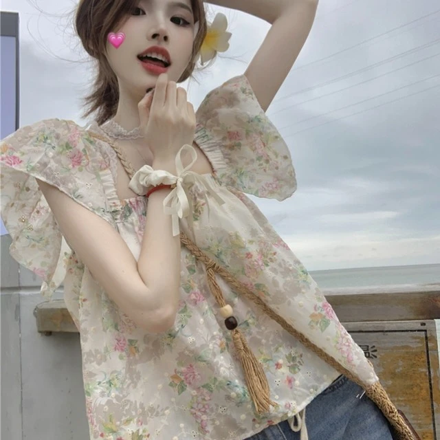 法式方领小飞袖重工刺绣花朵衬衫背心女夏季高级感洋气娃娃衫上衣