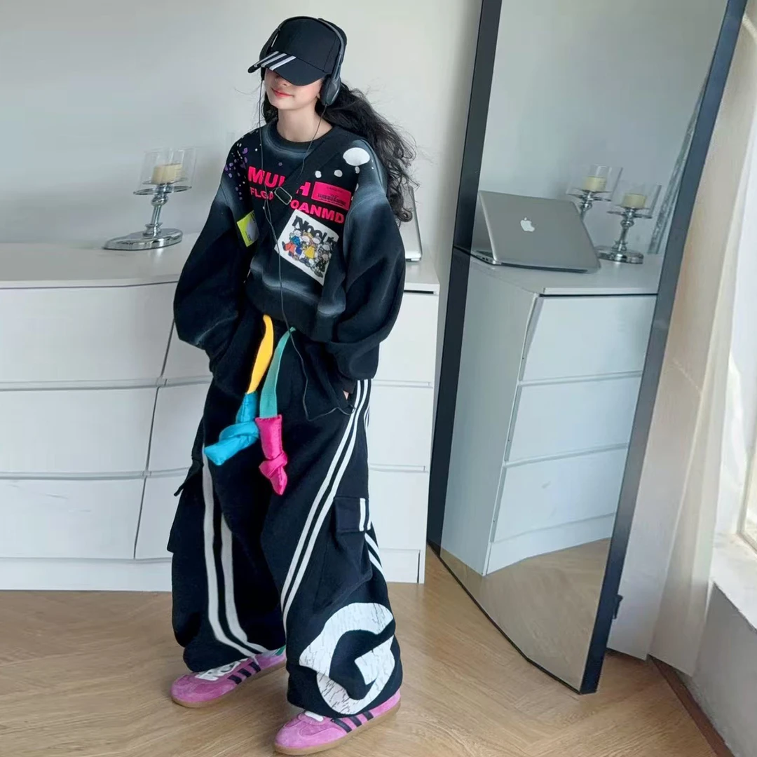 女童春秋涂鸦卫衣套装2025新款韩版个性潮流休闲运动设计感两件套