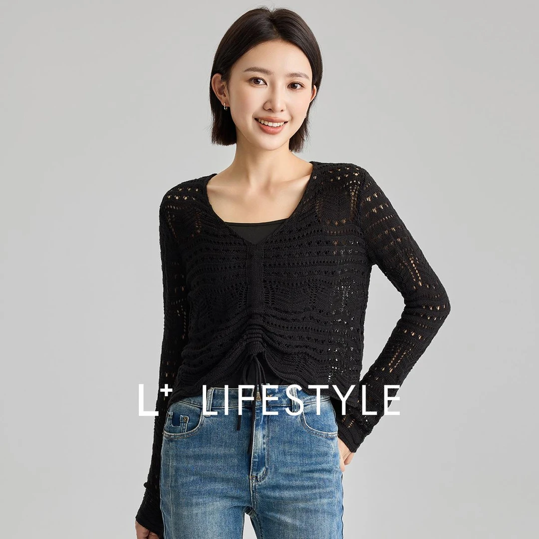【谷邦L+】设计感抽绳镂空V领长袖套头毛衫L4171238