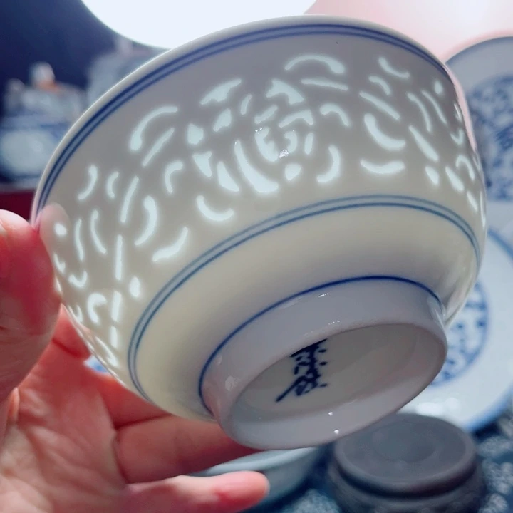 青花玲珑5寸饭碗满雕双福双线