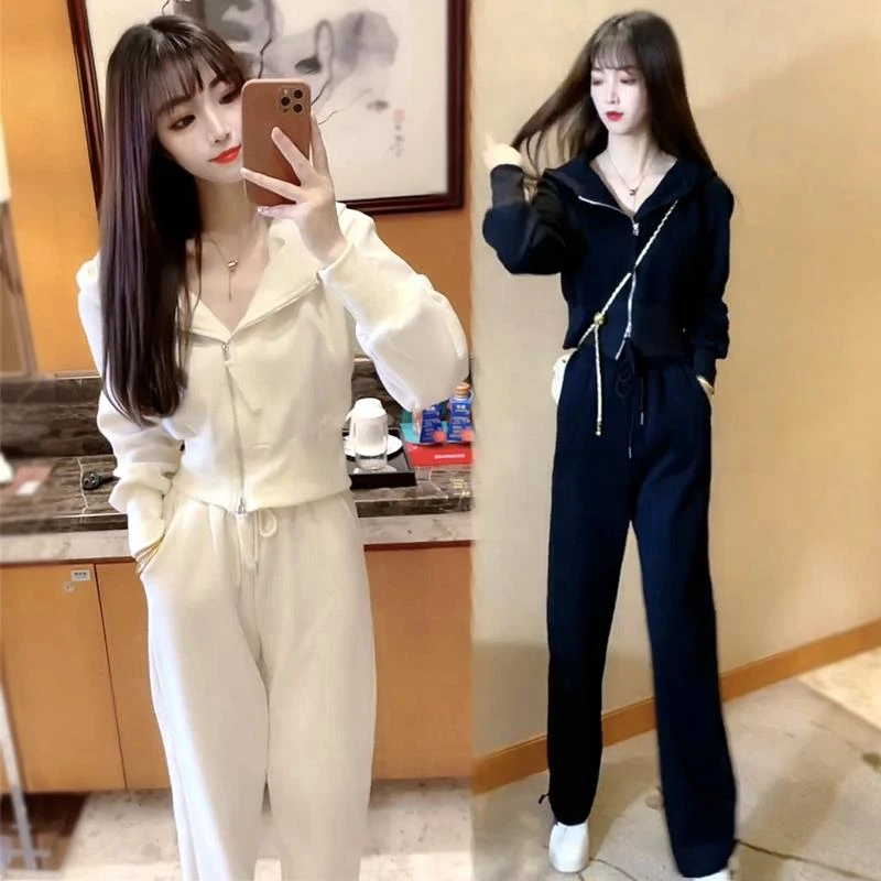 秋冬款韩版时尚休闲套装2025新款网红连帽运动衫阔腿直筒裤两件套
