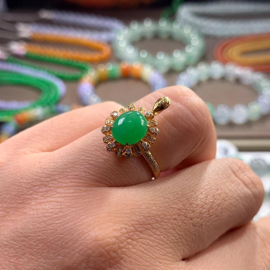 翡翠未镶嵌手链大漏！吊坠戒指两用款18.k阳绿戒指