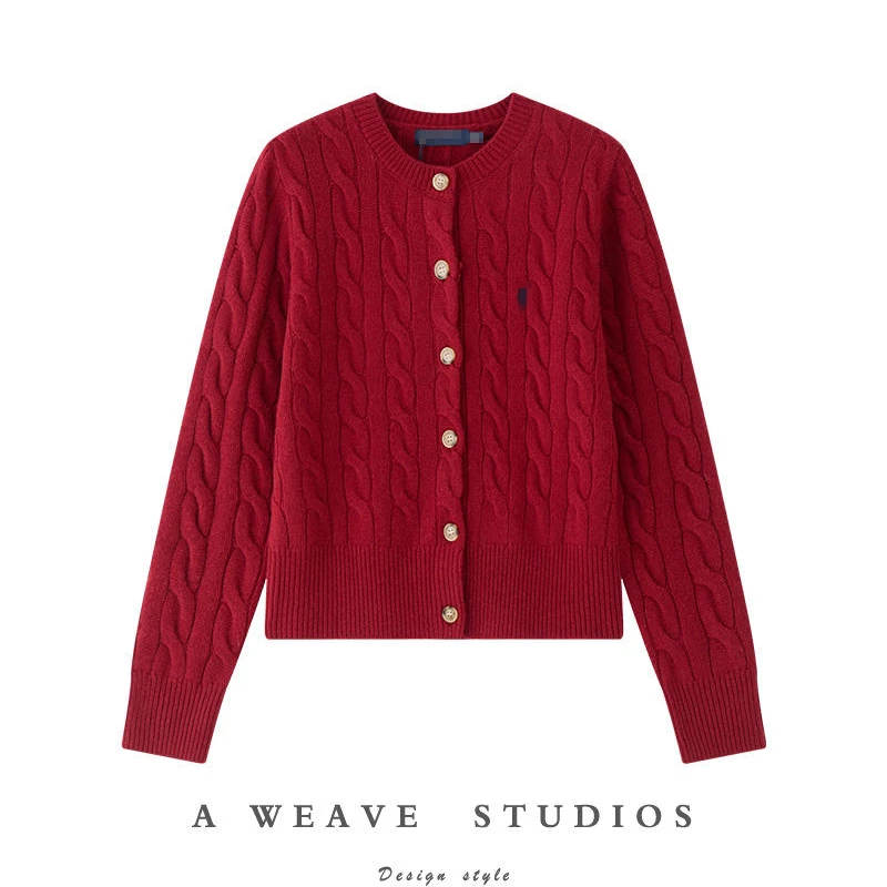 【LA家同款】纯羊毛开衫复古老钱风气质圆领厚款红色麻花针织外套女