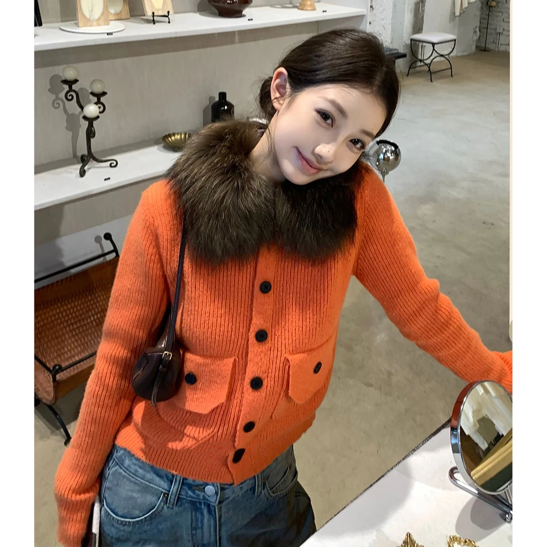 韩系复古橘色毛领毛衣开衫女秋冬季外搭慵懒风小个子温柔修身外套