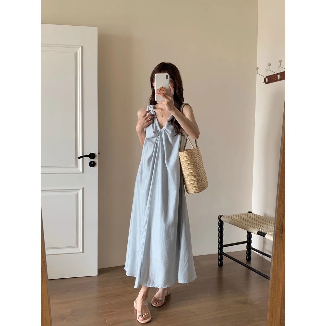 法式原版扭结V领裙女夏套头背心宽松度假风连衣裙气质新款面料