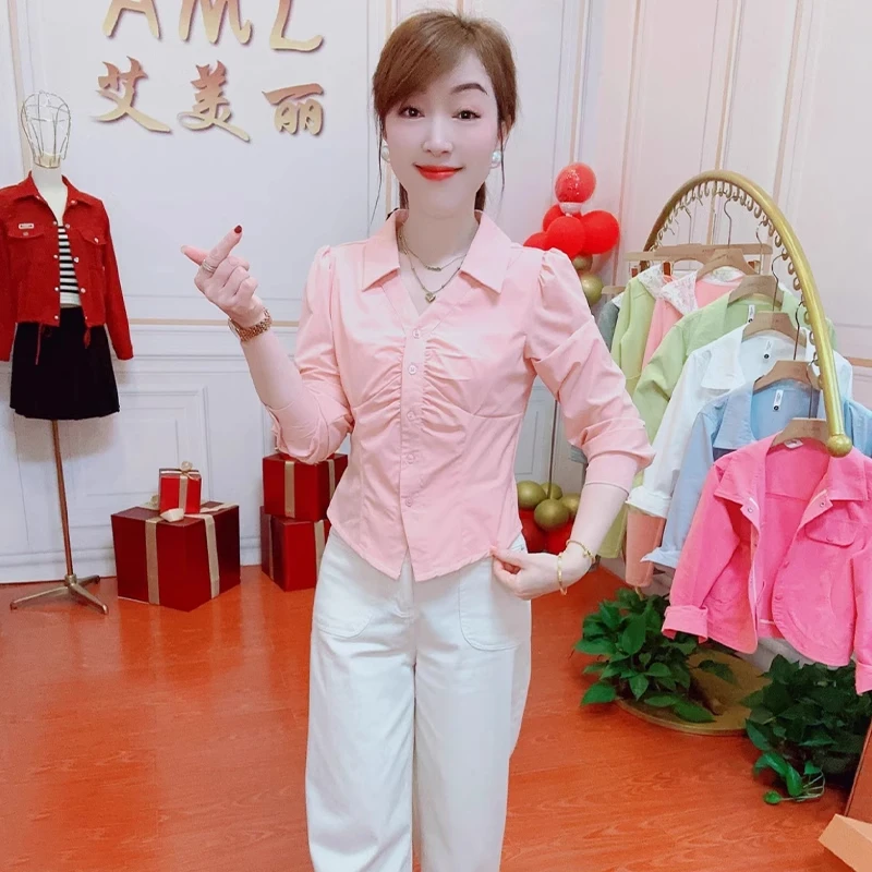 粉色休闲衬衫女2025春季新款洋气显瘦收腰小个子长袖百搭衬衣小衫