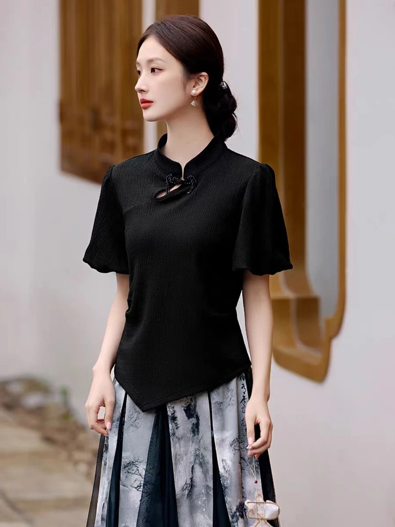 【丽姐同款】新中式国风盘扣褶皱遮肚子短袖T恤女夏修身显瘦H121