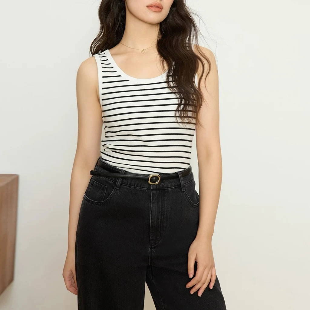 新人体验款！桑蚕丝莫代尔纤维条纹背心套头衫女针织打底