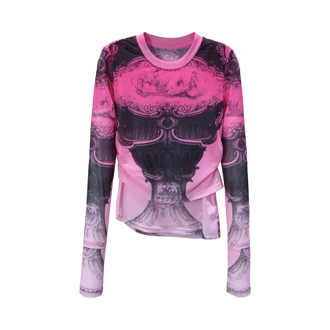 【程二定制】设计师款欧货洋红渐变撞色印染修身网纱上衣6615A