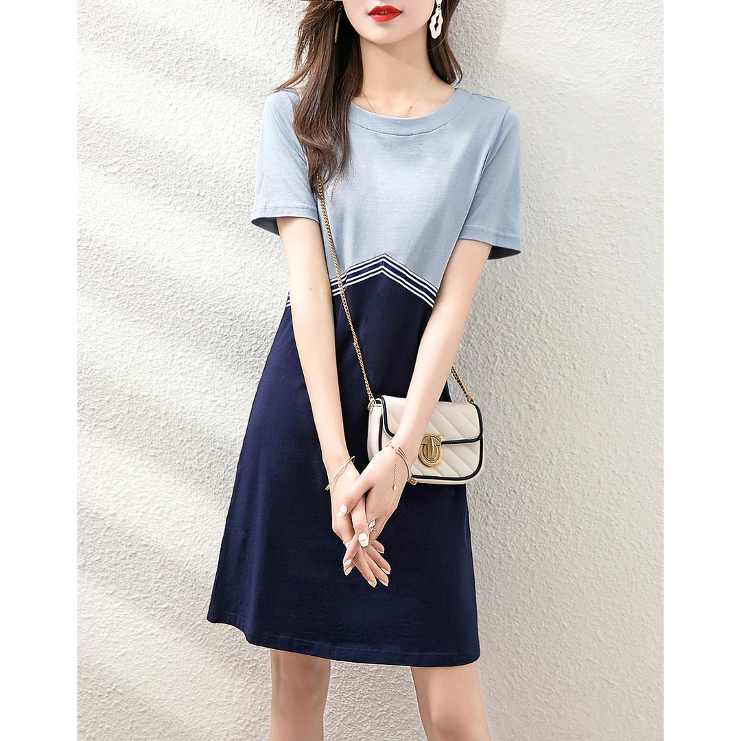2025夏季新款简约百搭拼接宽松舒适T恤裙显瘦直筒减龄连衣裙6366