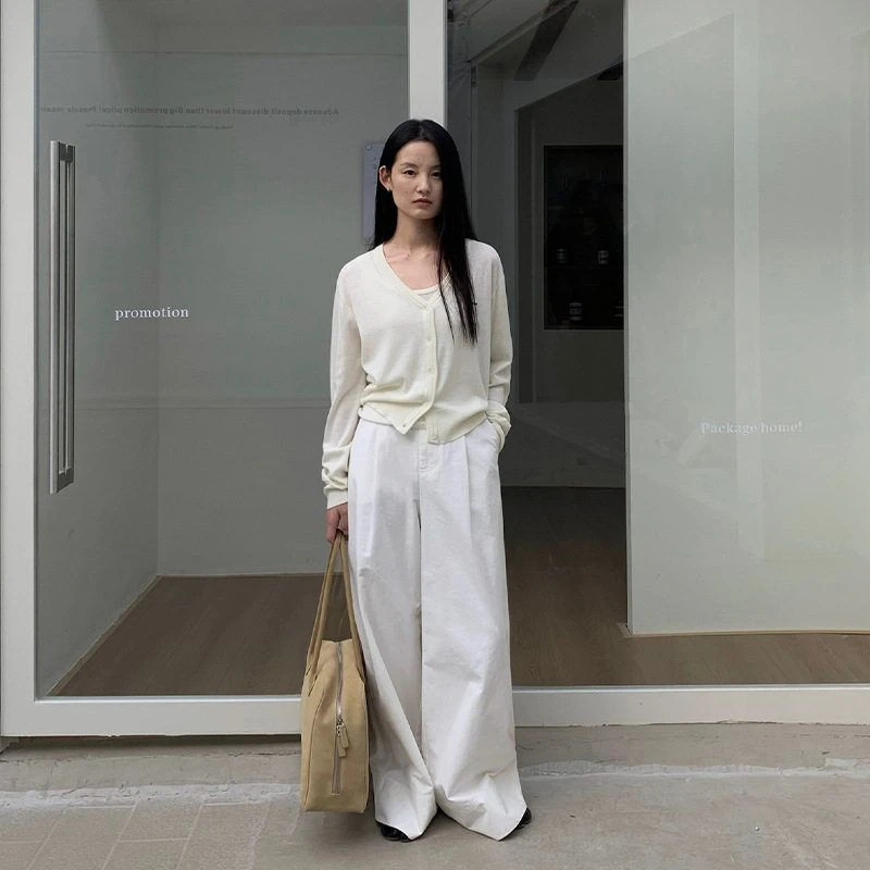 TG 休闲高腰棉质阔腿裤女2025春季新款直筒压褶显瘦百搭长裤2431