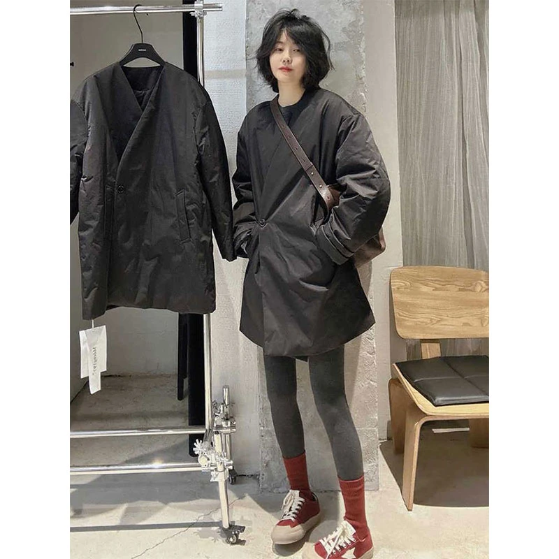 欧洲站2025春装新款时尚设计宽松极简风百搭纯色韩版斜扣棉服外套