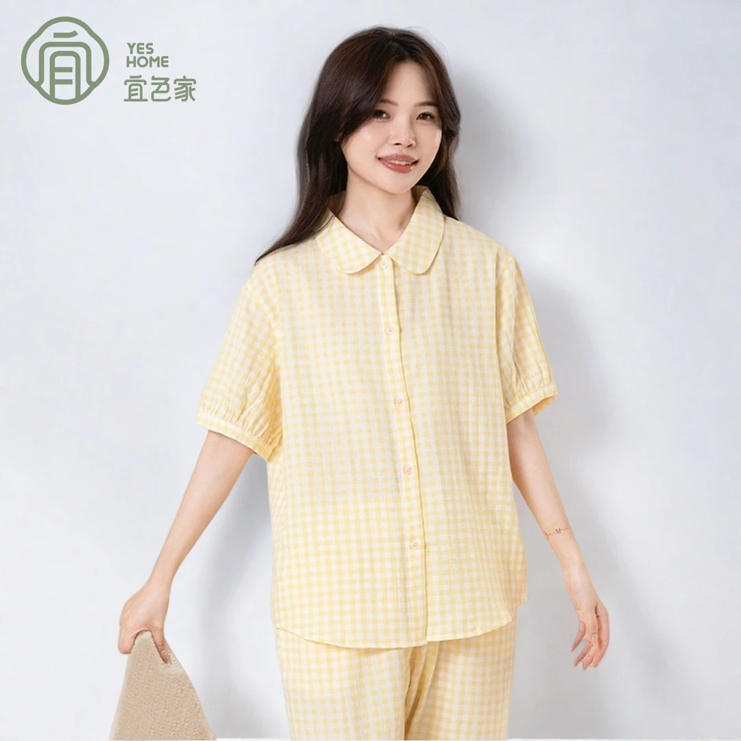 宜色家情侣夏季女睡衣2025新款纯棉中老年大码分体短袖家居服套装