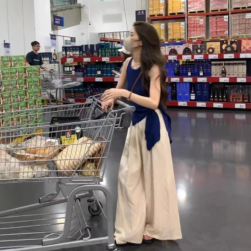 夏装搭配一整套时尚网红炸街小个子盐系穿搭背心上衣阔腿裤两件套